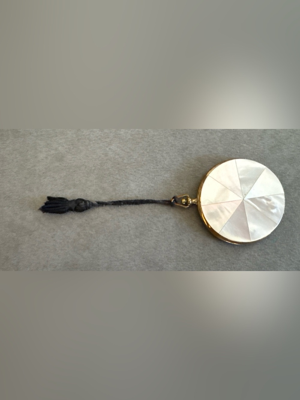 Vintage 1940s Volupte Mother of Pearl Round Compact Mirror with Black Tassel